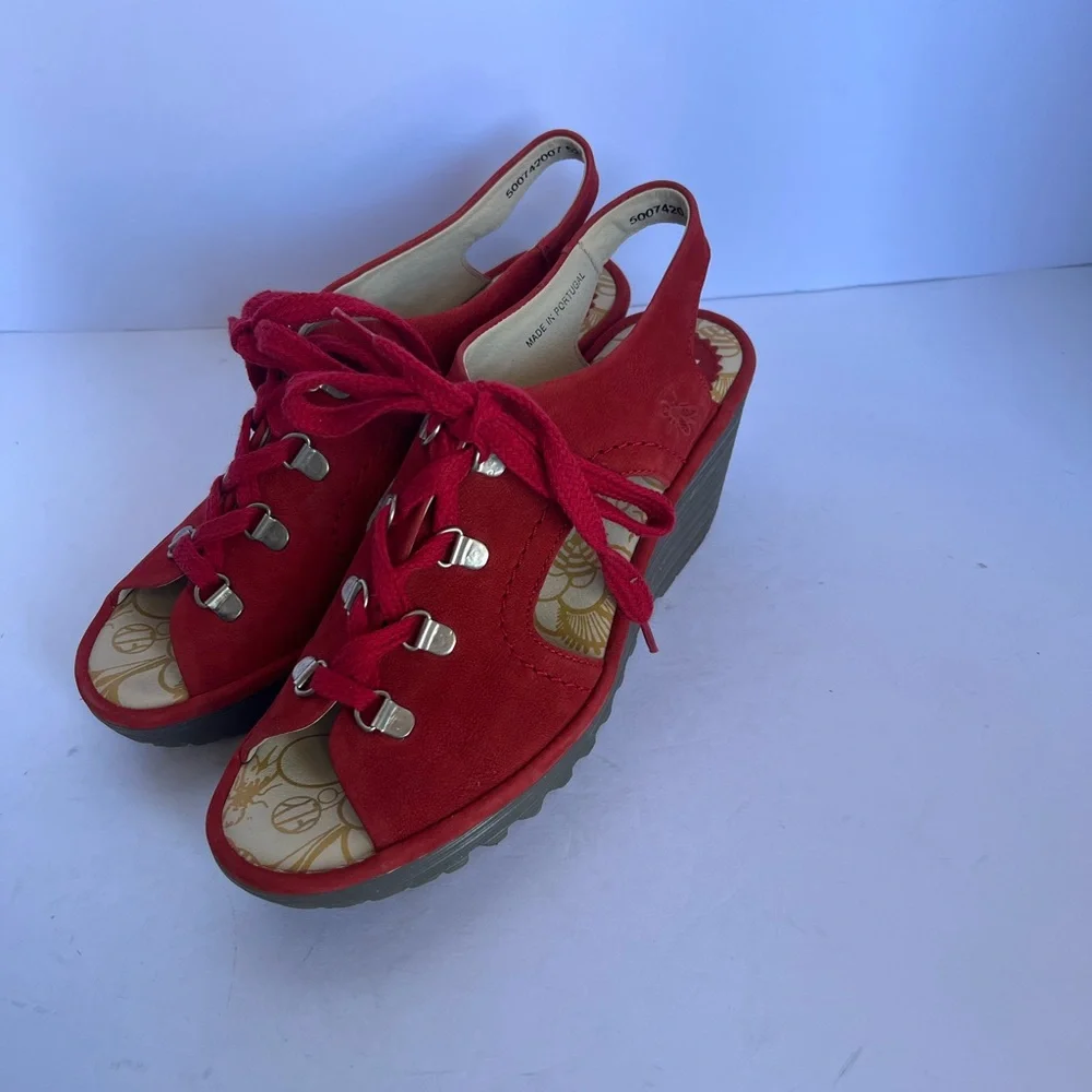 Fly London Red Suede Lace-Up‎ Wedge Sandals